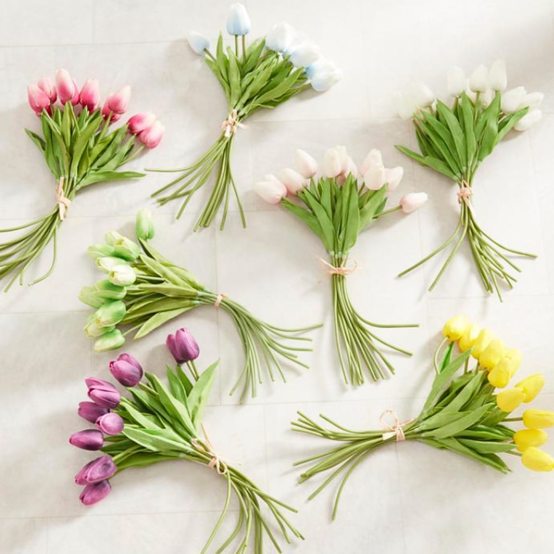 Bouquets of tulips arranged in a circular pattern on a light background