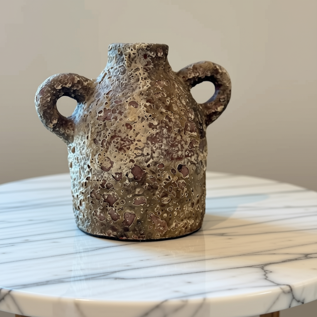 A handmade stone vase with a textured, speckled finish in earthy brown, beige, and gray tones, featuring two loop handles, displayed on a white marble-topped table against a neutral beige wall.