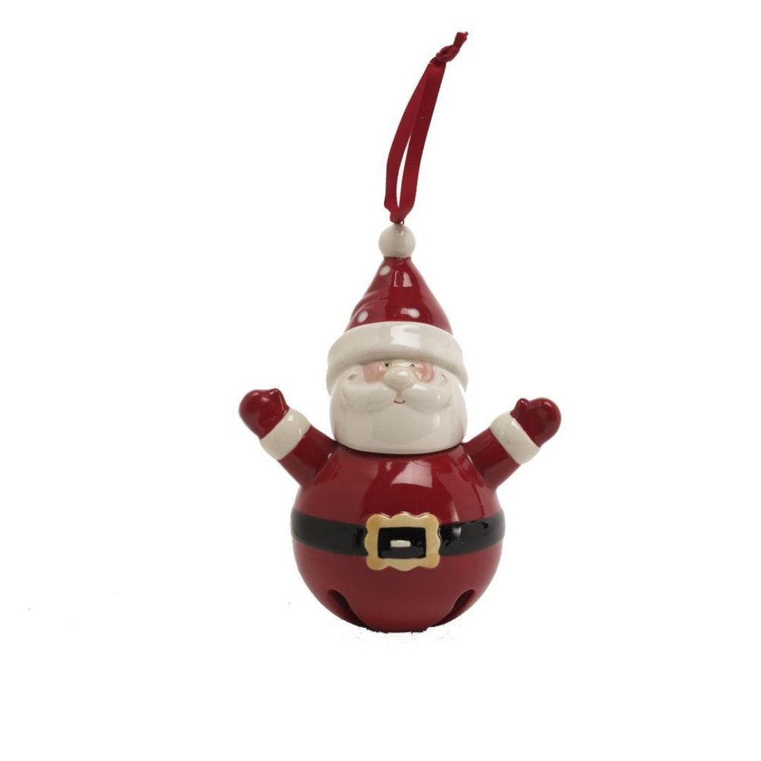 Decorative Santa Claus ornament with a red hat and belt on a white background