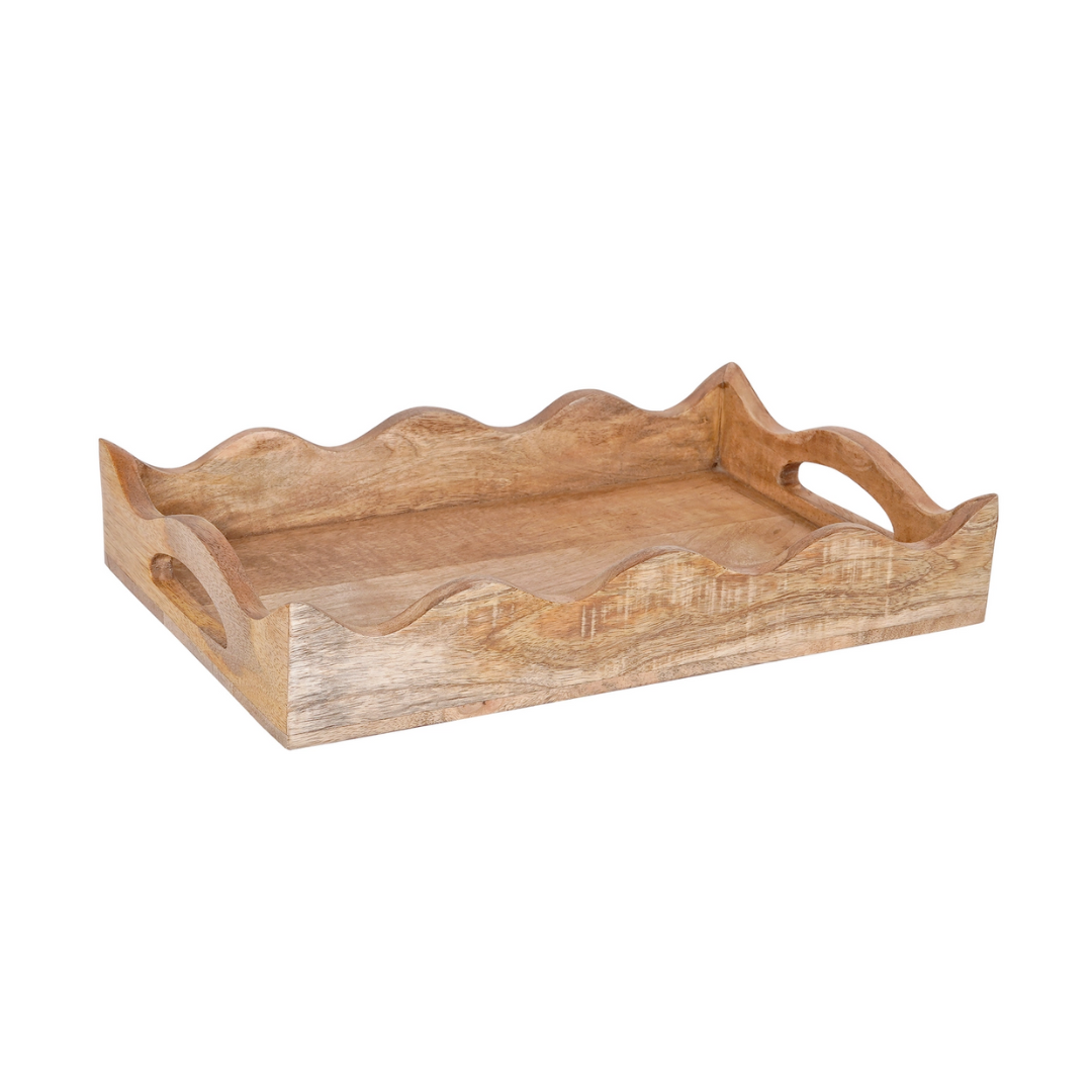 Wooden tray with scallop edge and handles on a white background
