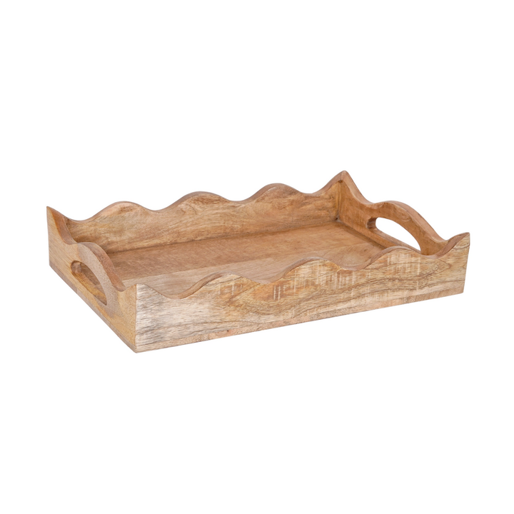 Wooden tray with scallop edge and handles on a white background