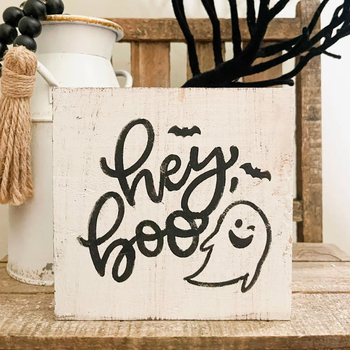 "HEY BOO" Rustic Wood Block Sign