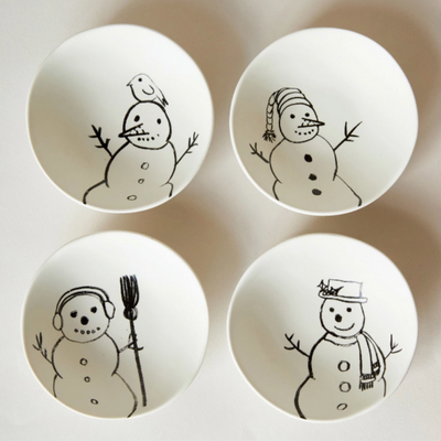 Set/4 Stoneware Snowman Bowls