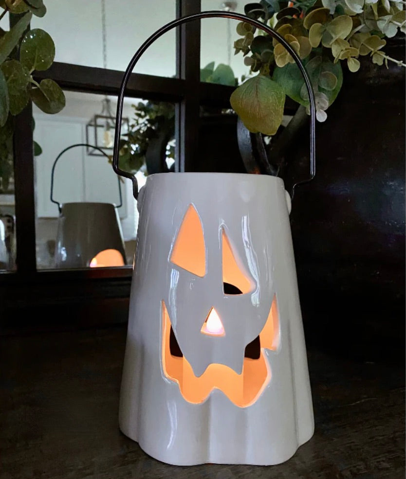 Ceramic Ghost Lantern with Metal Handle