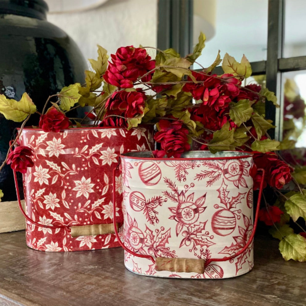 Set/2 Red & White Metal Patterned Buckets