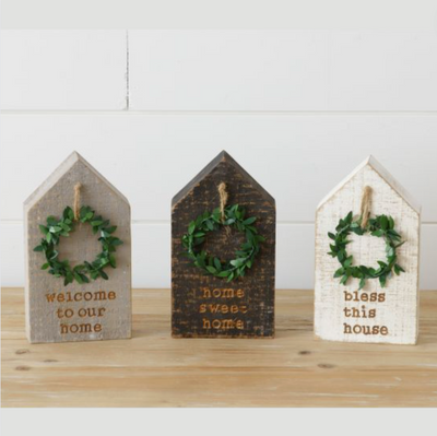 Set/3 Wooden Block Houses With Wreaths