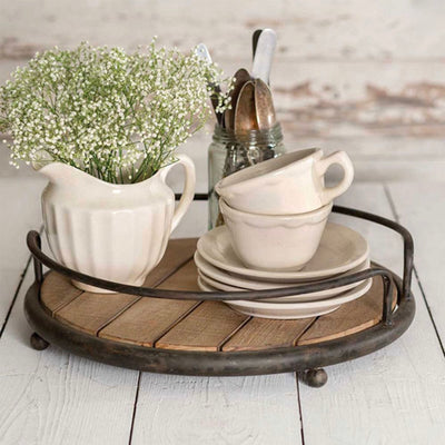 Round Wooden Tray with Iron Handles
