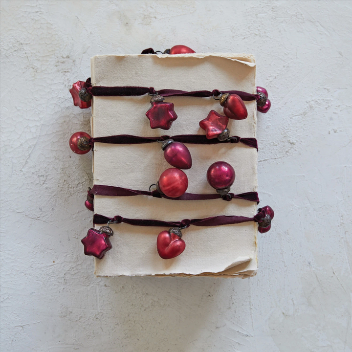 Burgundy Embossed Mercury Glass Ornament Garland On Velvet Ribbon