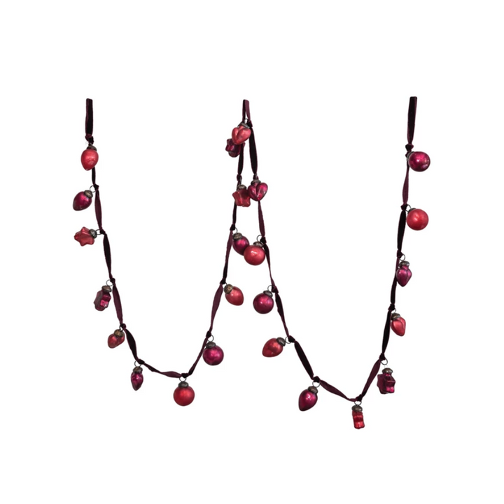 Burgundy Embossed Mercury Glass Ornament Garland On Velvet Ribbon