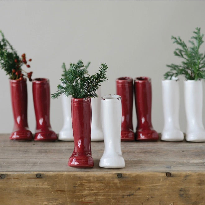 Set/2 Red & White Stoneware Boot Vases