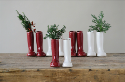Set/2 Red & White Stoneware Boot Vases