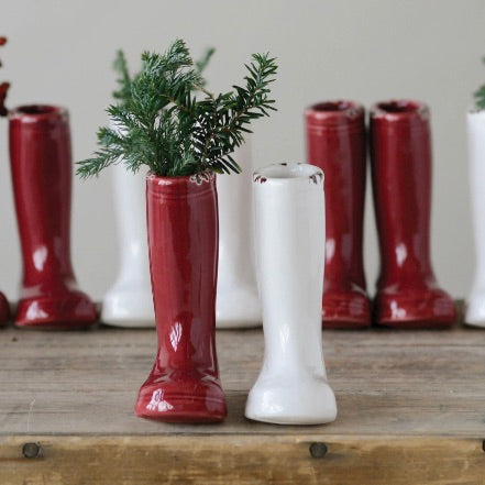 Set/2 Red & White Stoneware Boot Vases