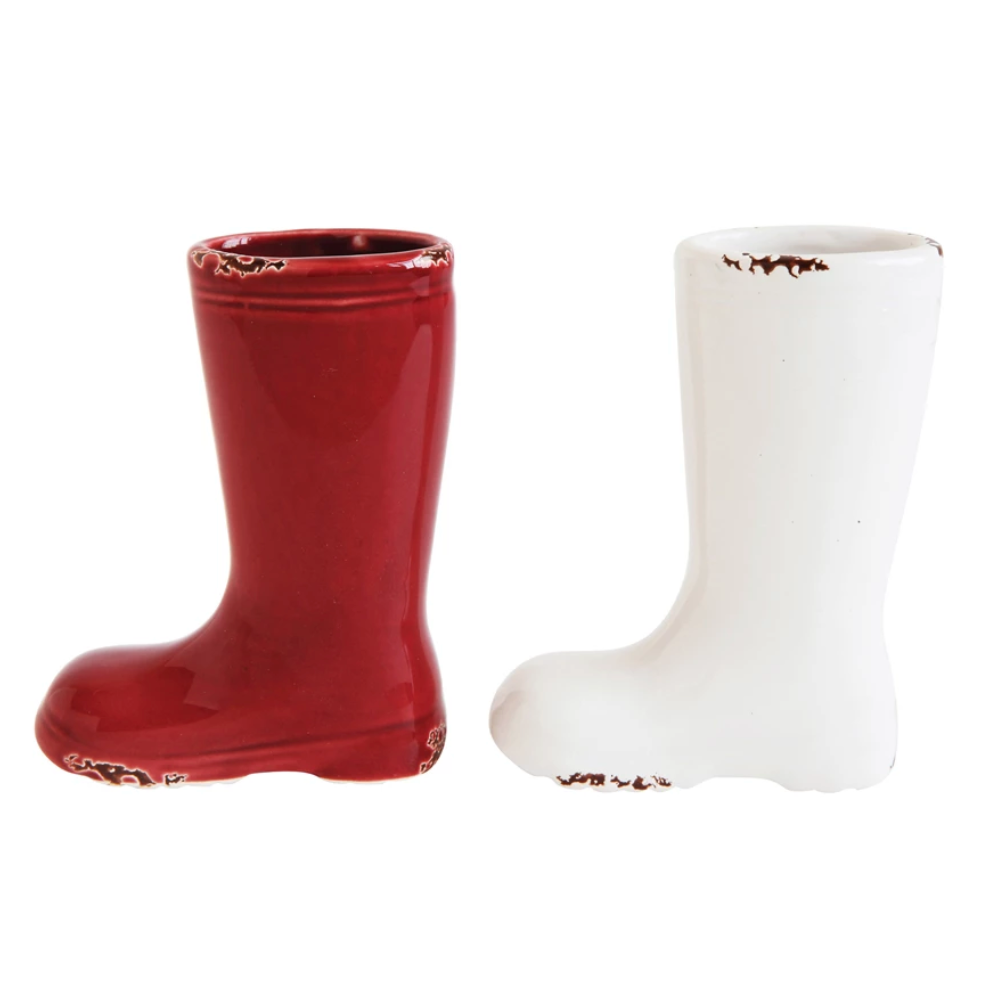 Set/2 Red & White Stoneware Boot Vases