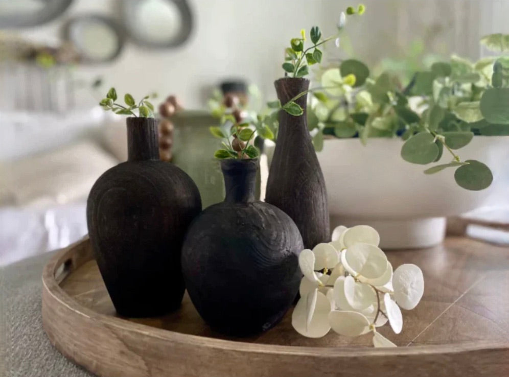 Black Charred Wooden Vase Set