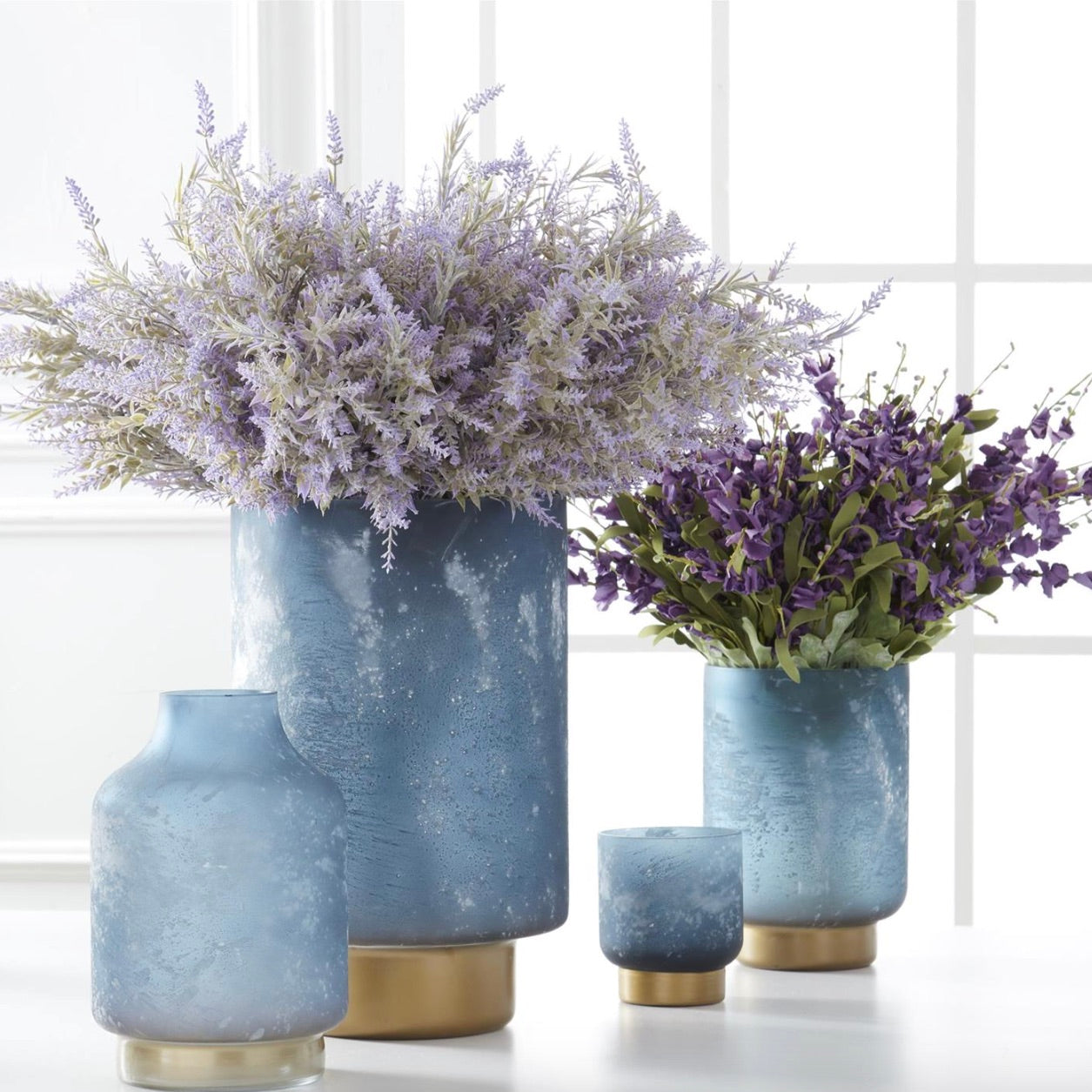 Set/3 Frosted Blue Glass Vases