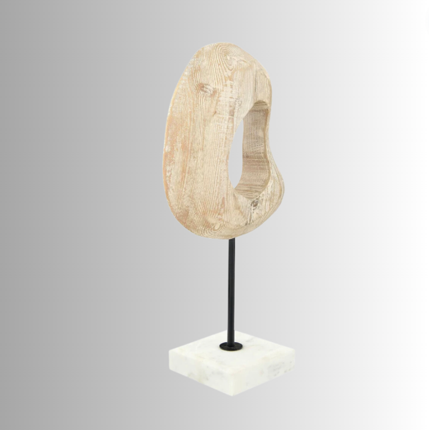 Abstract Hand-Carved Wood Art on White Marble Base