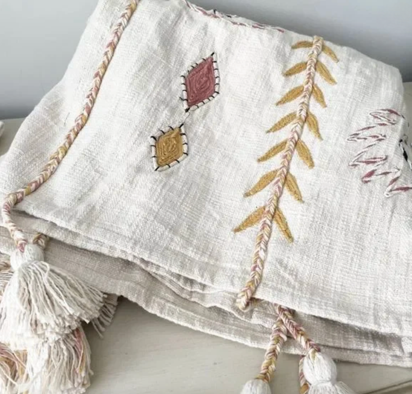 Embroidered Cream Cotton Throw Blanket with Tassels & Applique