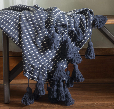 Navy Blue Woven Cotton Throw Blanket With Hand Tied Tassels