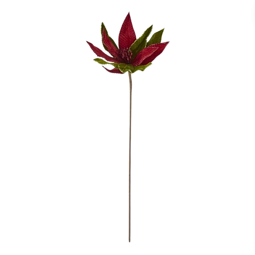 Set/3 Velvet Glitter Trimmed Poinsettia Stems