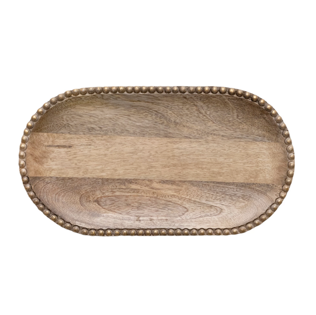 Hand-Carved Mango Wood Beaded Natural & Gold Finish Tray