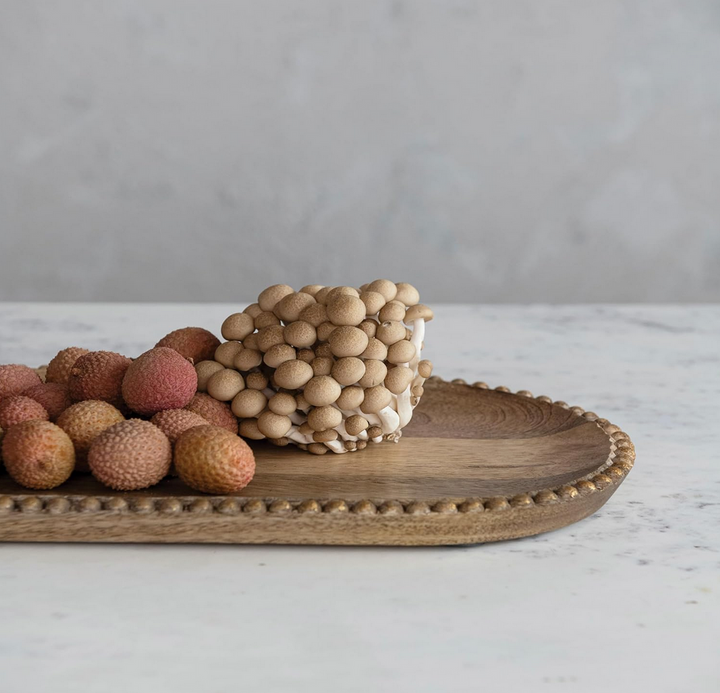 Hand-Carved Mango Wood Beaded Natural & Gold Finish Tray