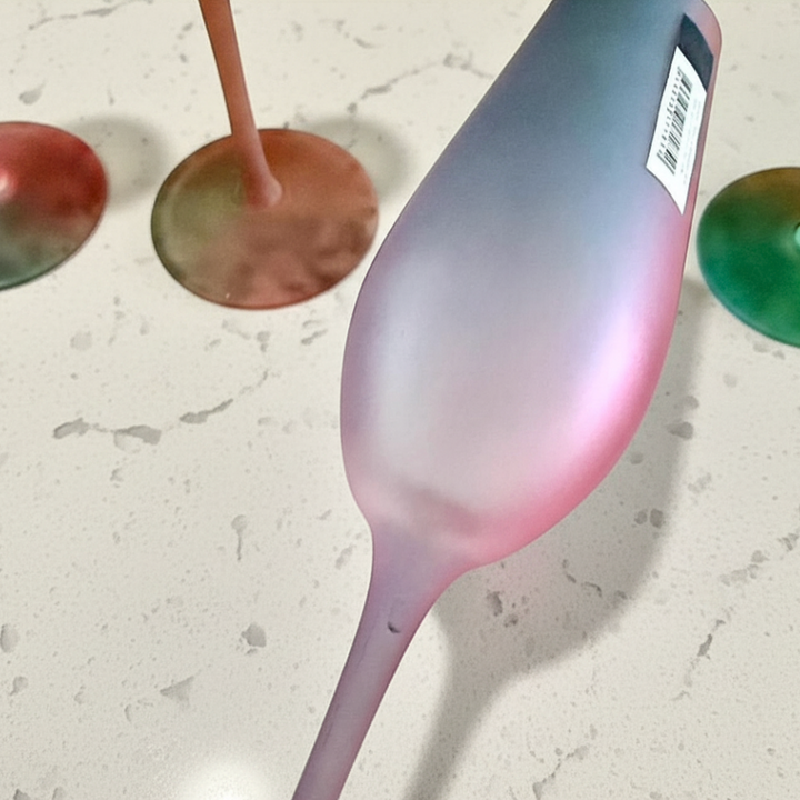 Gradient purple and pink spoon on a light gray surface with blurred colorful objects in the background