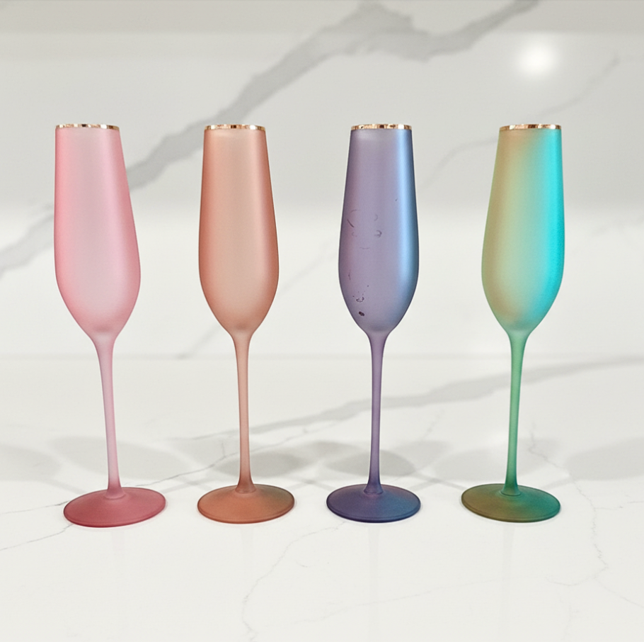 Four gradient champagne flutes in pink, blue, and green on a white background