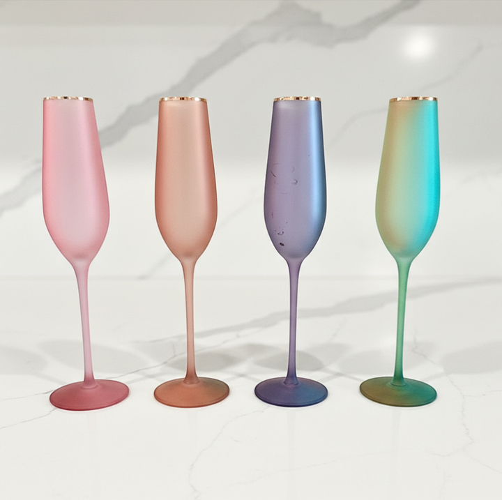 Four gradient champagne flutes in pink, blue, and green on a white background