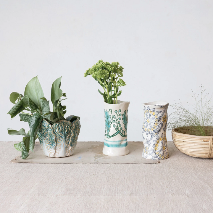 Set/2 Hand-Painted Stoneware Vases