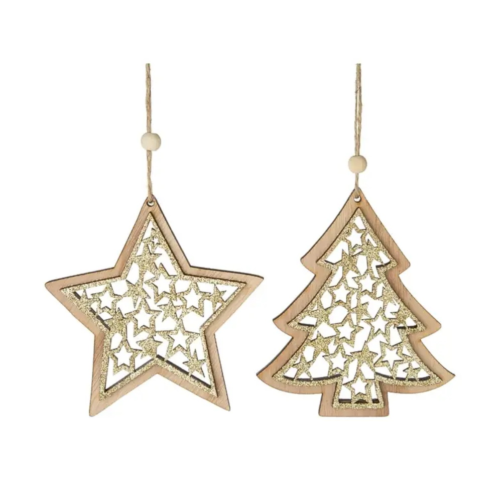 Decorative gold star and tree-shaped ornaments on a white background