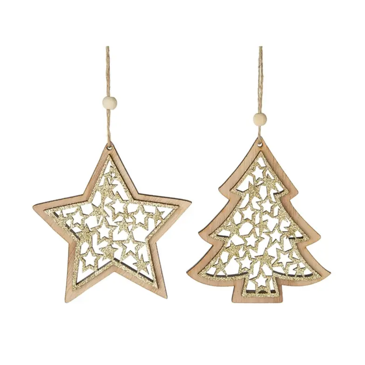 Decorative gold star and tree-shaped ornaments on a white background
