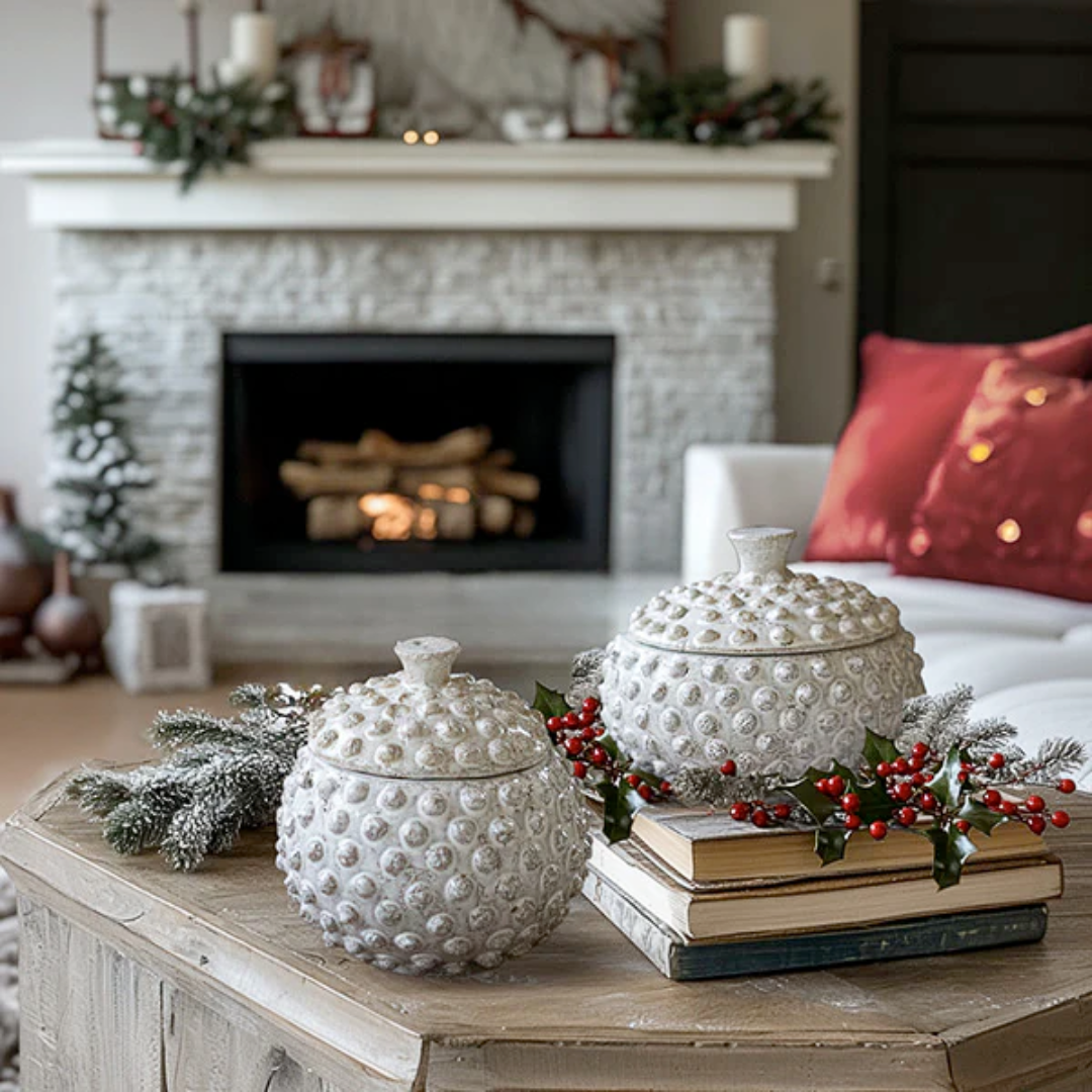 Decorative white textured jars on a wooden table with a fireplace and festive decor in the background.