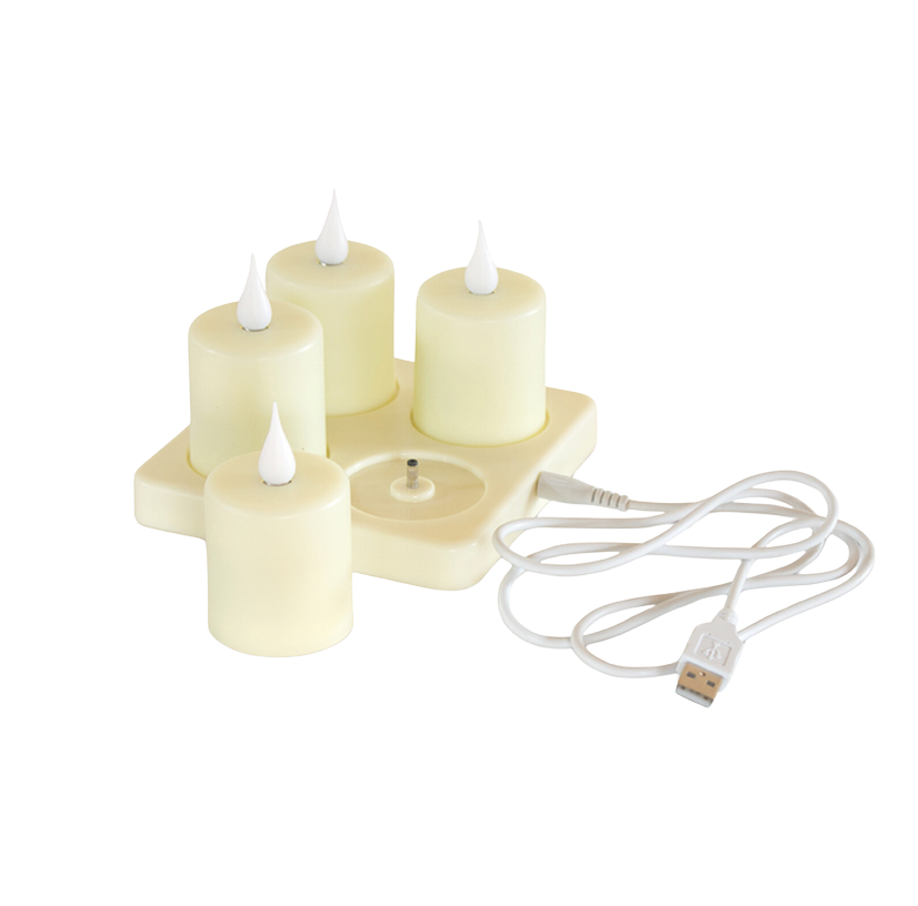 A set of four rechargeable flameless candles with a charging base and remote control. The candles are in a beige color with a realistic moving flame effect, transitioning from blue to white to amber hues.
