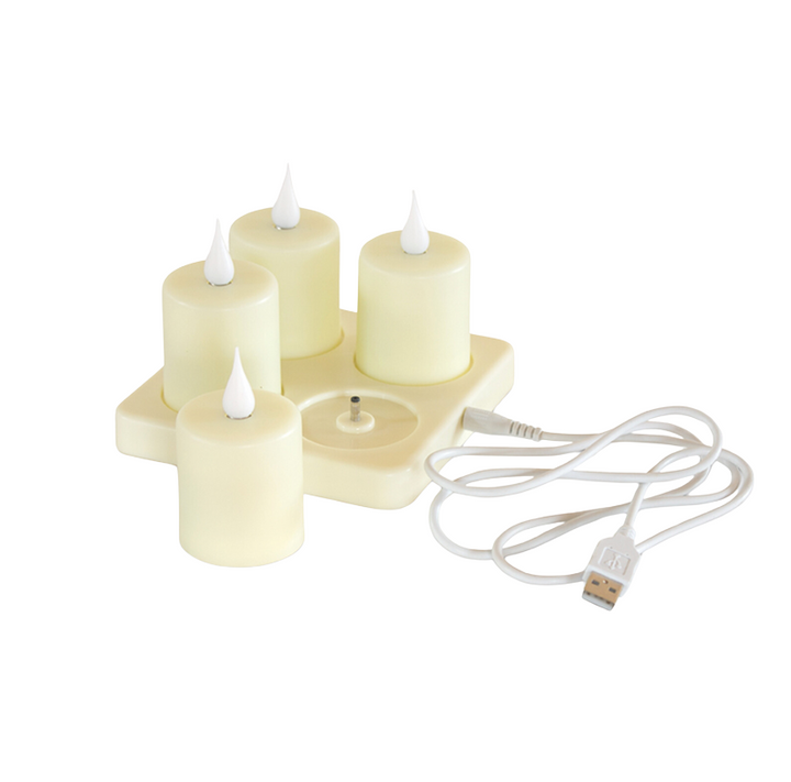 A set of four rechargeable flameless candles with a charging base and remote control. The candles are in a beige color with a realistic moving flame effect, transitioning from blue to white to amber hues.