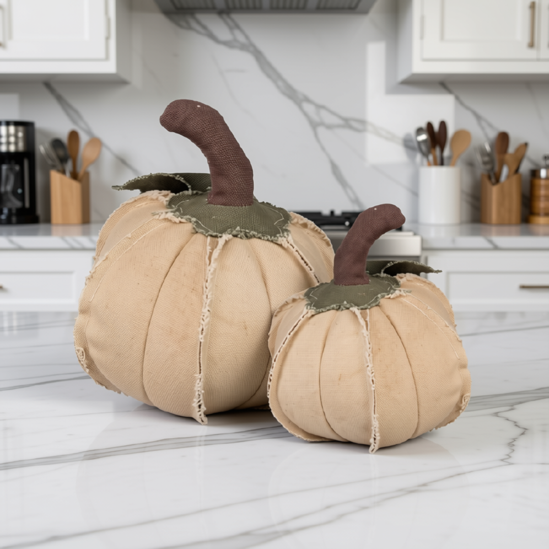 Set/2 Cream Rustic Fabric Pumpkins