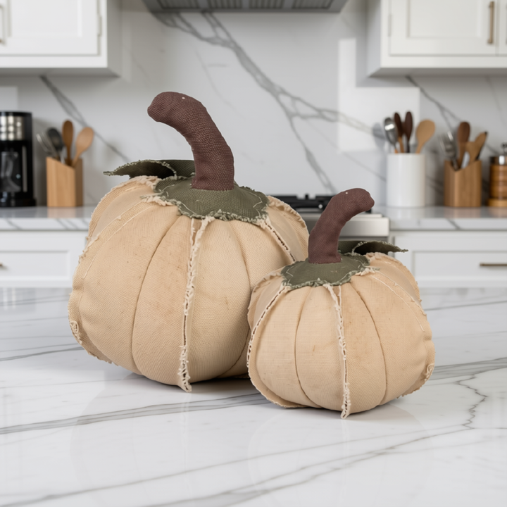 Set/2 Cream Rustic Fabric Pumpkins