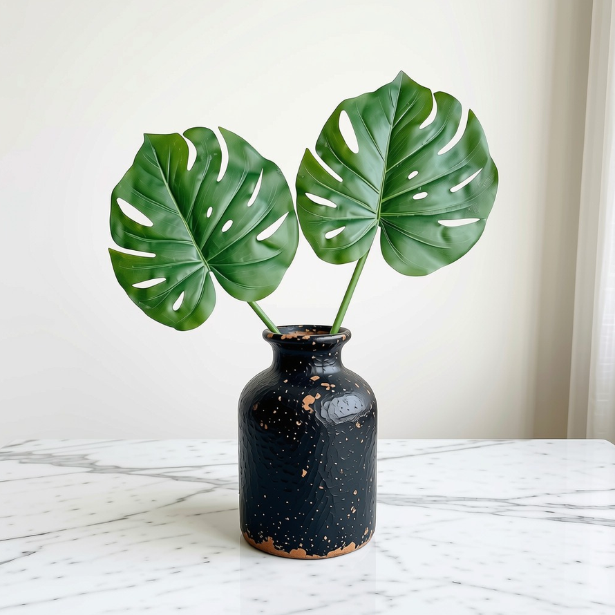 A black speckled ceramic vase with two green monstera leaves inserted, set on a white marble surface against a light beige wall.