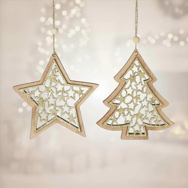Decorative star and tree-shaped ornaments with a light background