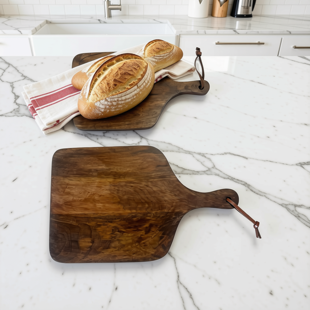 Set of two walnut brown wooden serving boards with leather handles resting on a white marble kitchen island.