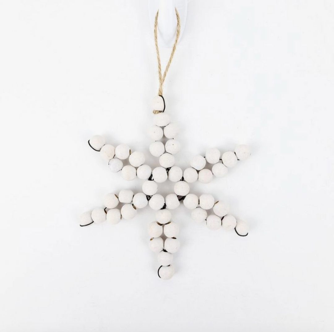 Set/2 White Wooden Beaded Snowflake Ornaments