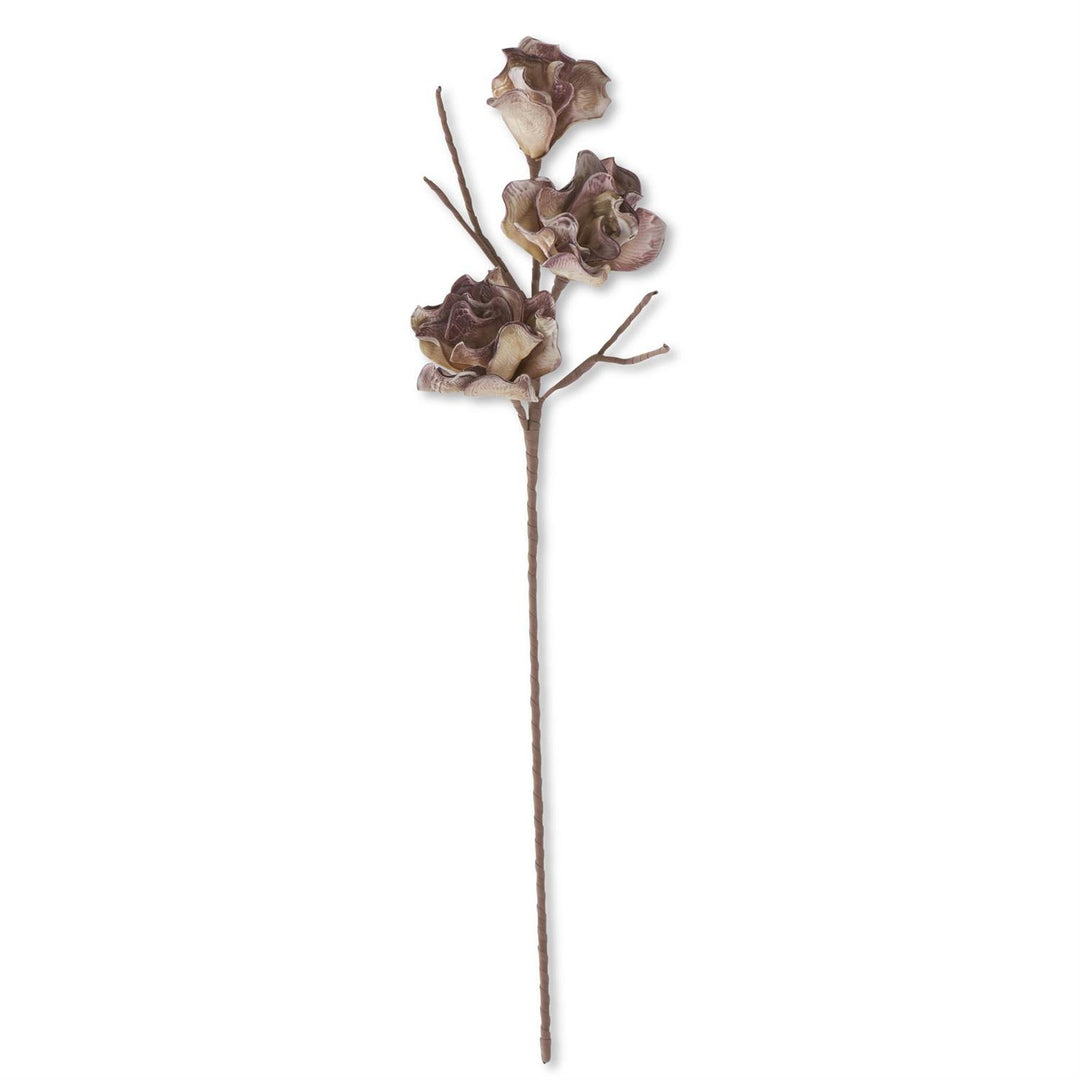An artificial floral stem with three oversized blooms in pink colors, on a long iron wire stem.