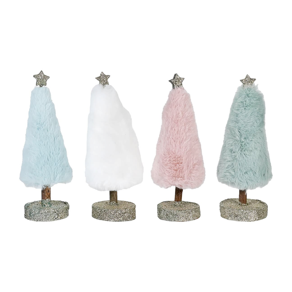 Four fluffy Christmas tree decorations in pastel colors with glitter bases on a white background.