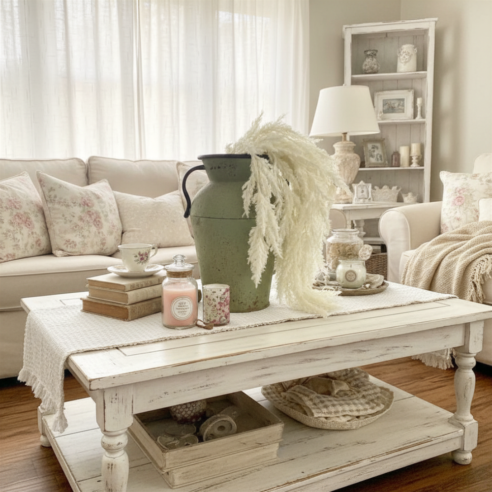 Living room with a white coffee table, decorative items, and a beige sofa.