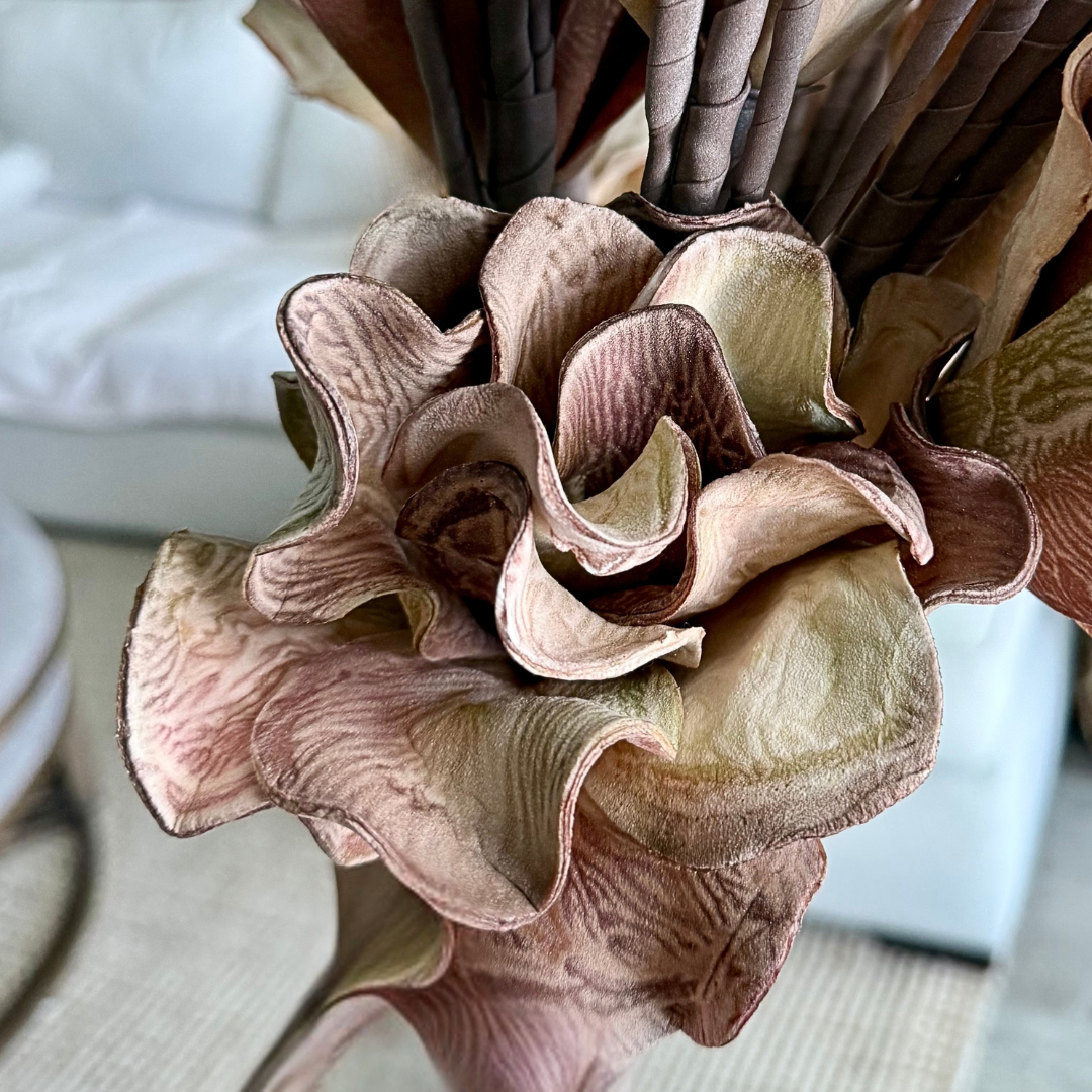 Close-up of a dried flower arrangement with a blurred background