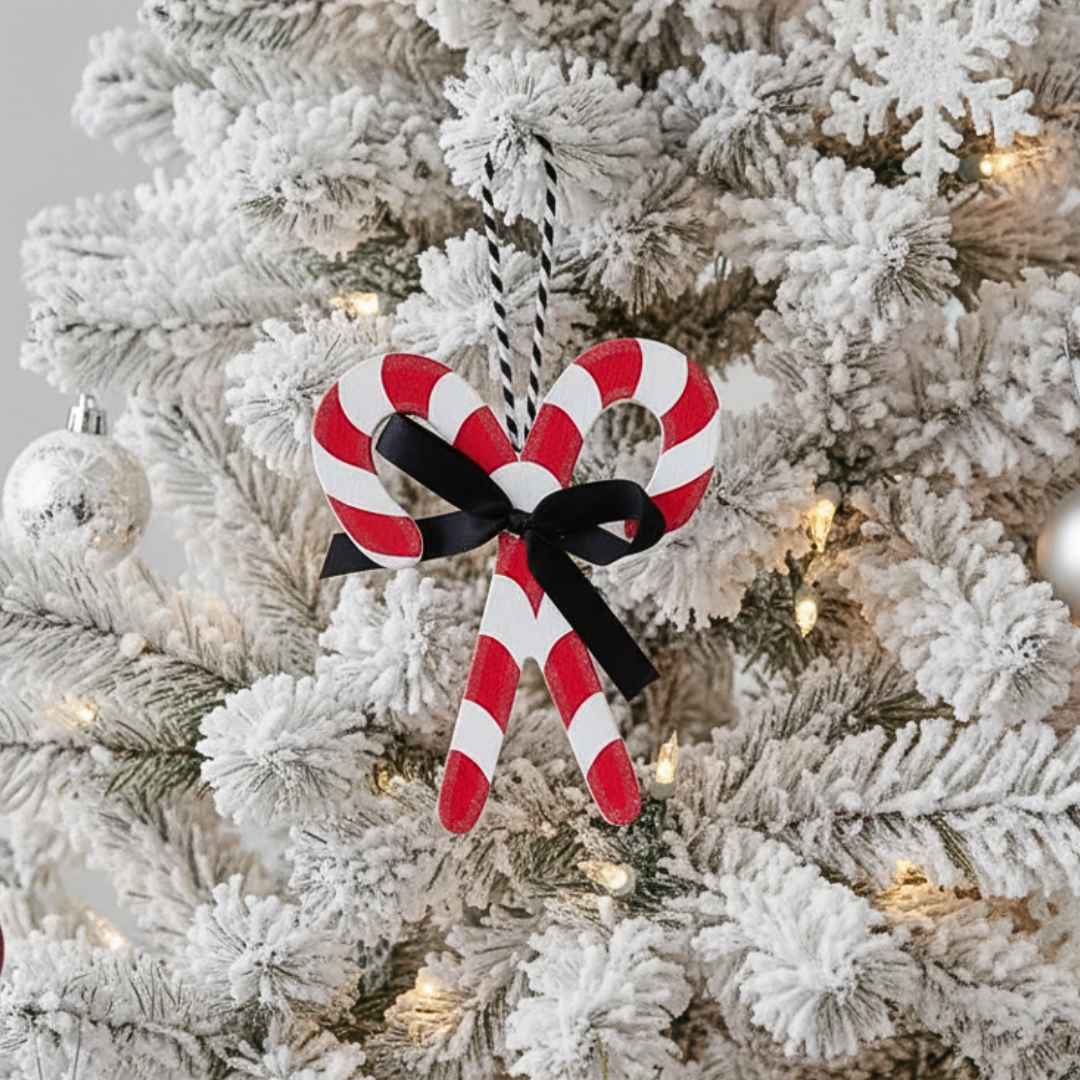 Decorative candy cane ornament with a black bow on a Christmas tree.