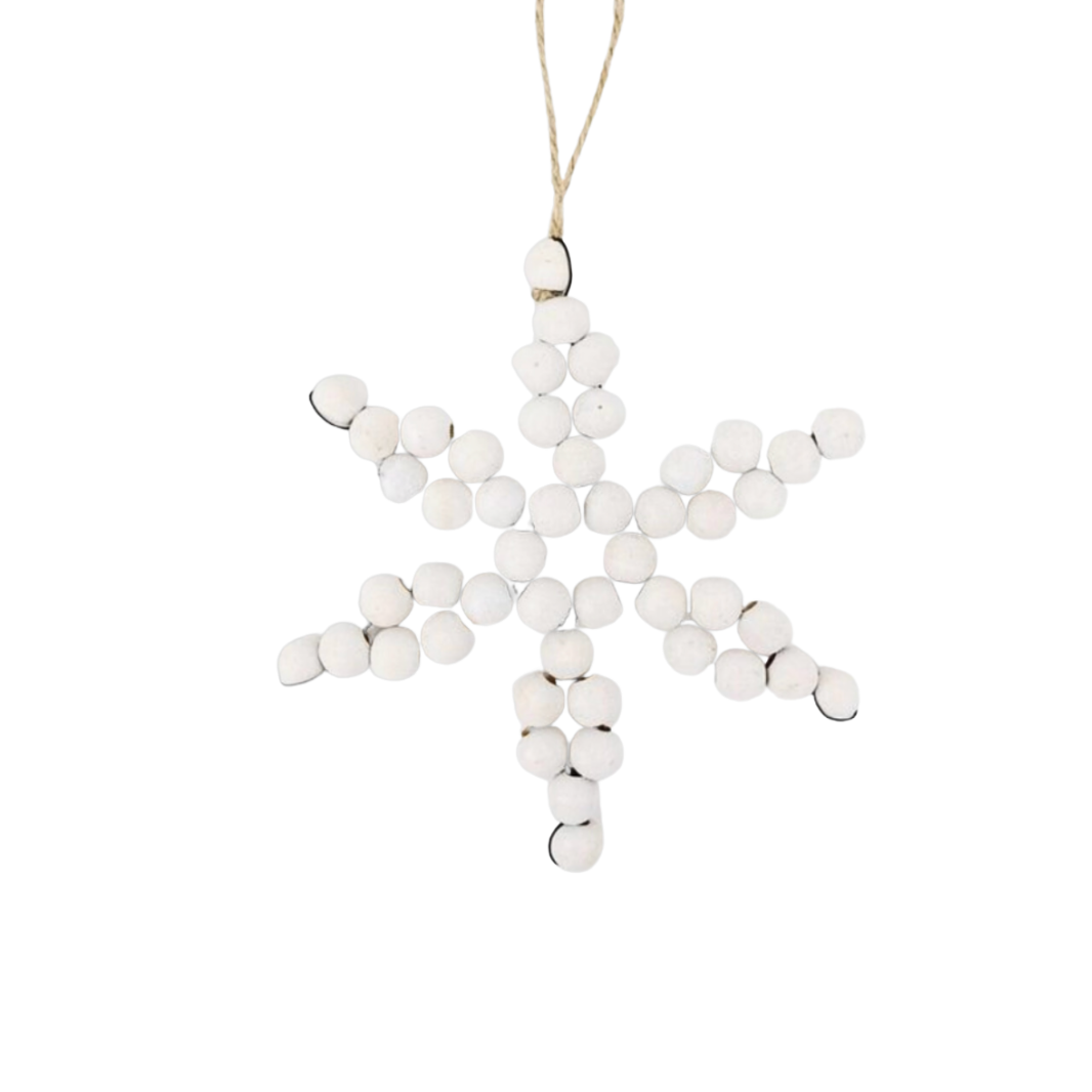 Star-shaped ornament made of white beads on a string against a white background