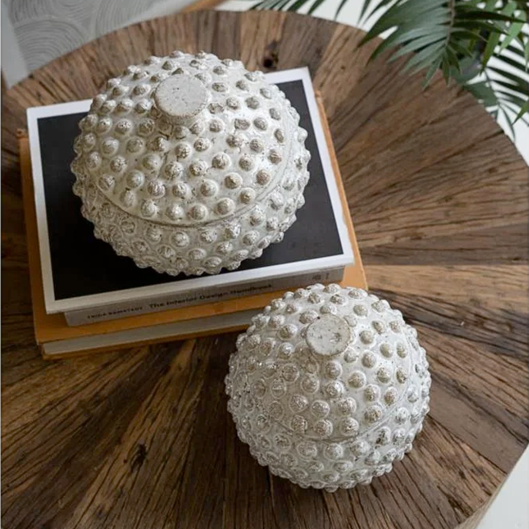 Two decorative white spherical objects on a wooden surface with books underneath.
