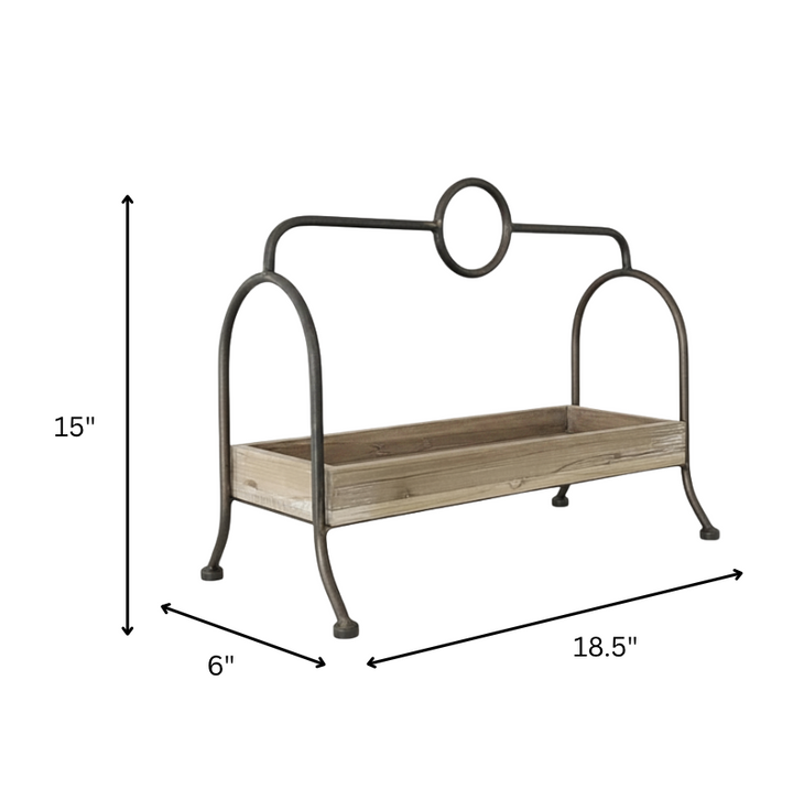 A metal and wood planter stand with dimension arrows showing 15 inches tall, 6 inches wide, and 18.5 inches deep, on a white background.