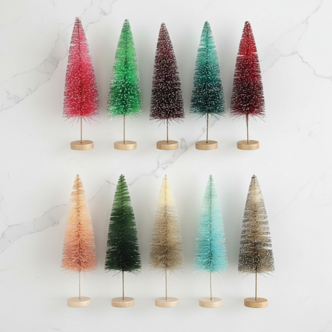 Set of 11 inch Christmas trees in various colors on a white background