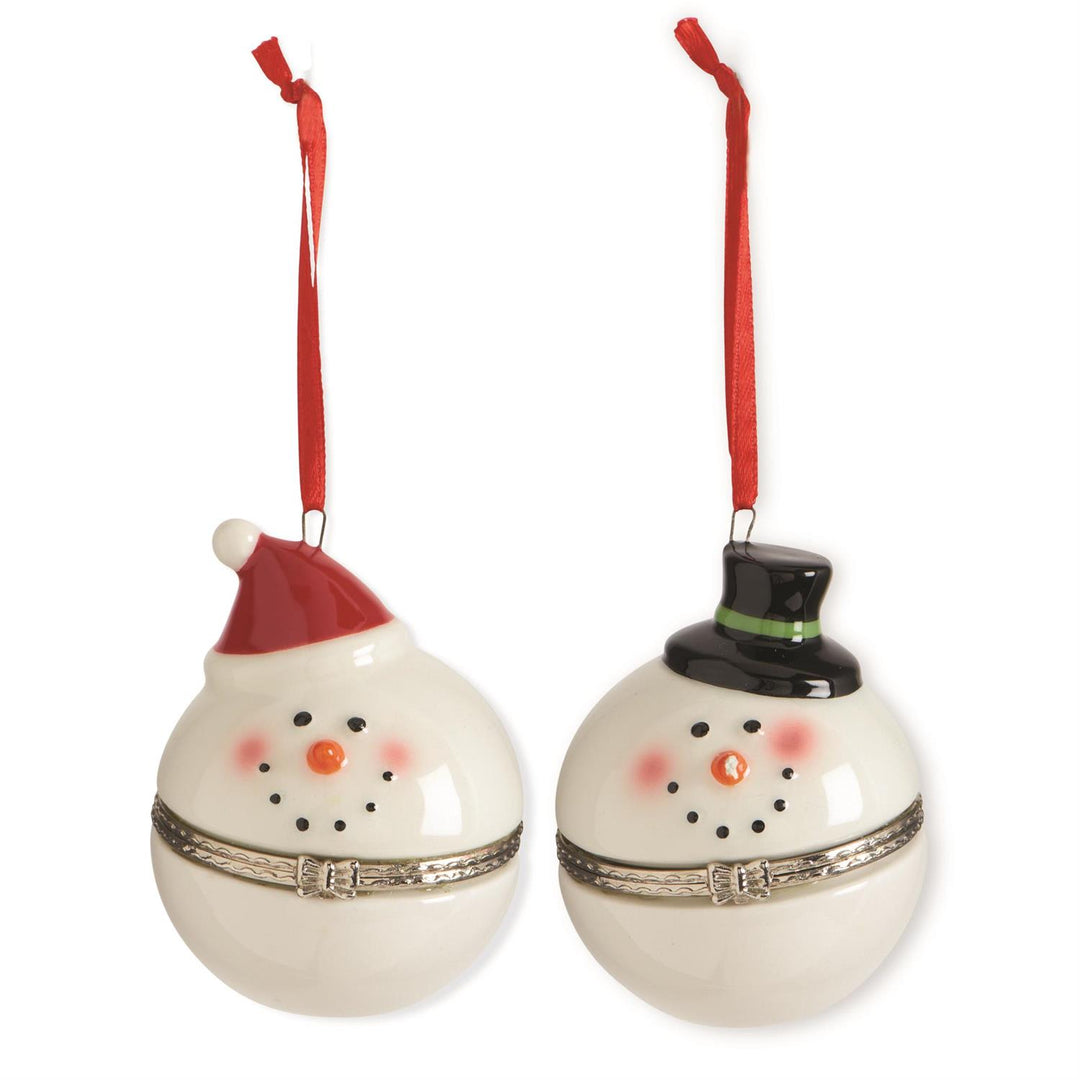 Two decorative Christmas ornaments shaped like snowmen on a white background